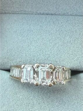 Three-Stone Emerald Cut Diamond Ring in White Gold -